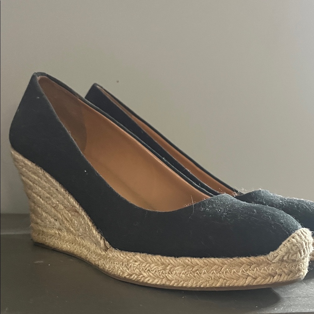 J. Crew Black Espadrille Wedge Pumps with Natural Jute Platform